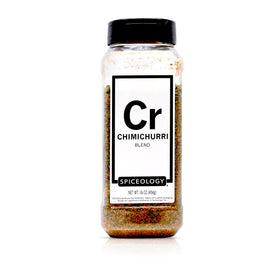 Spiceology Chimichurri seasoning bottle with fresh herbs and aroma