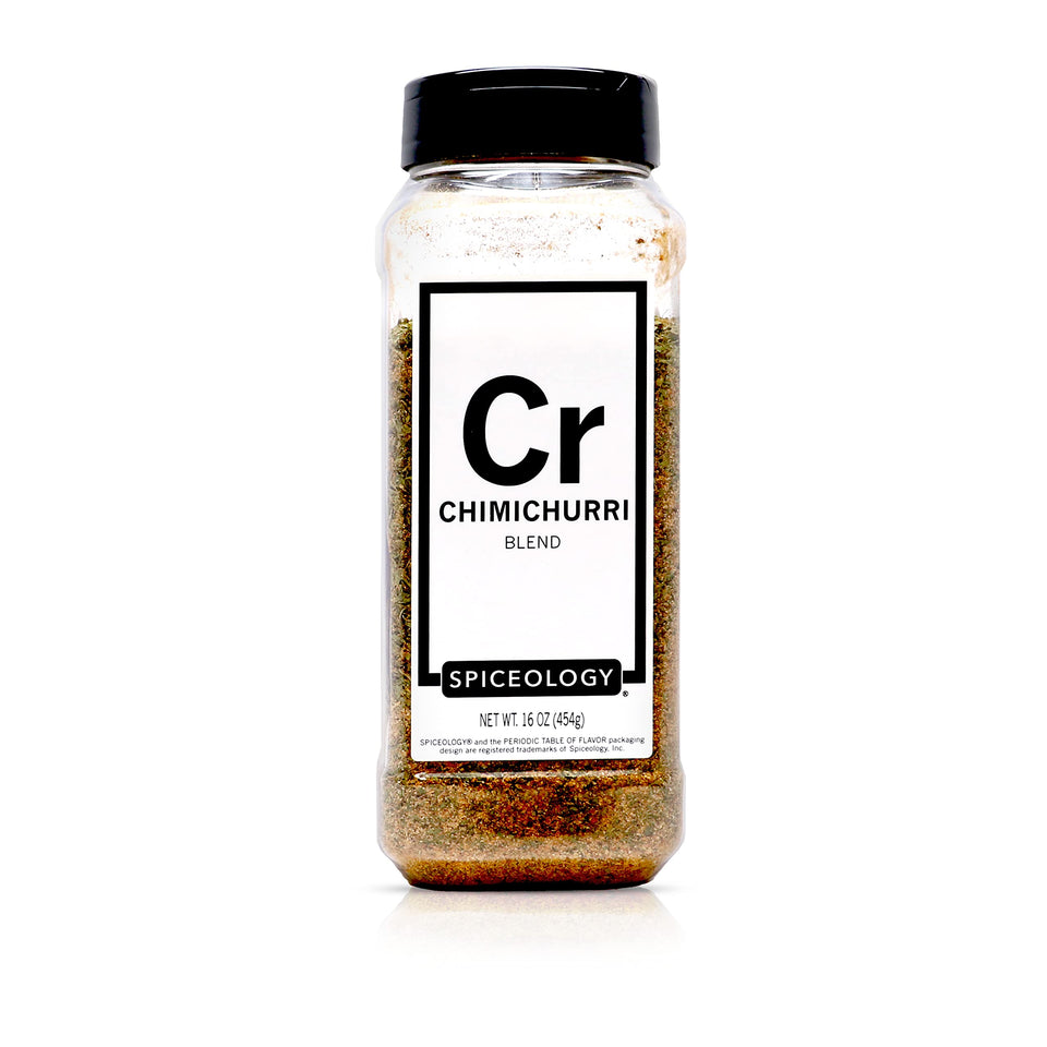Spiceology Chimichurri seasoning bottle with fresh herbs and aroma
