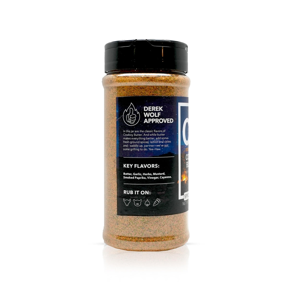 Packaging shows a 10.4 oz jar ready for outdoor cooking with Spiceology Cowboy Butter.