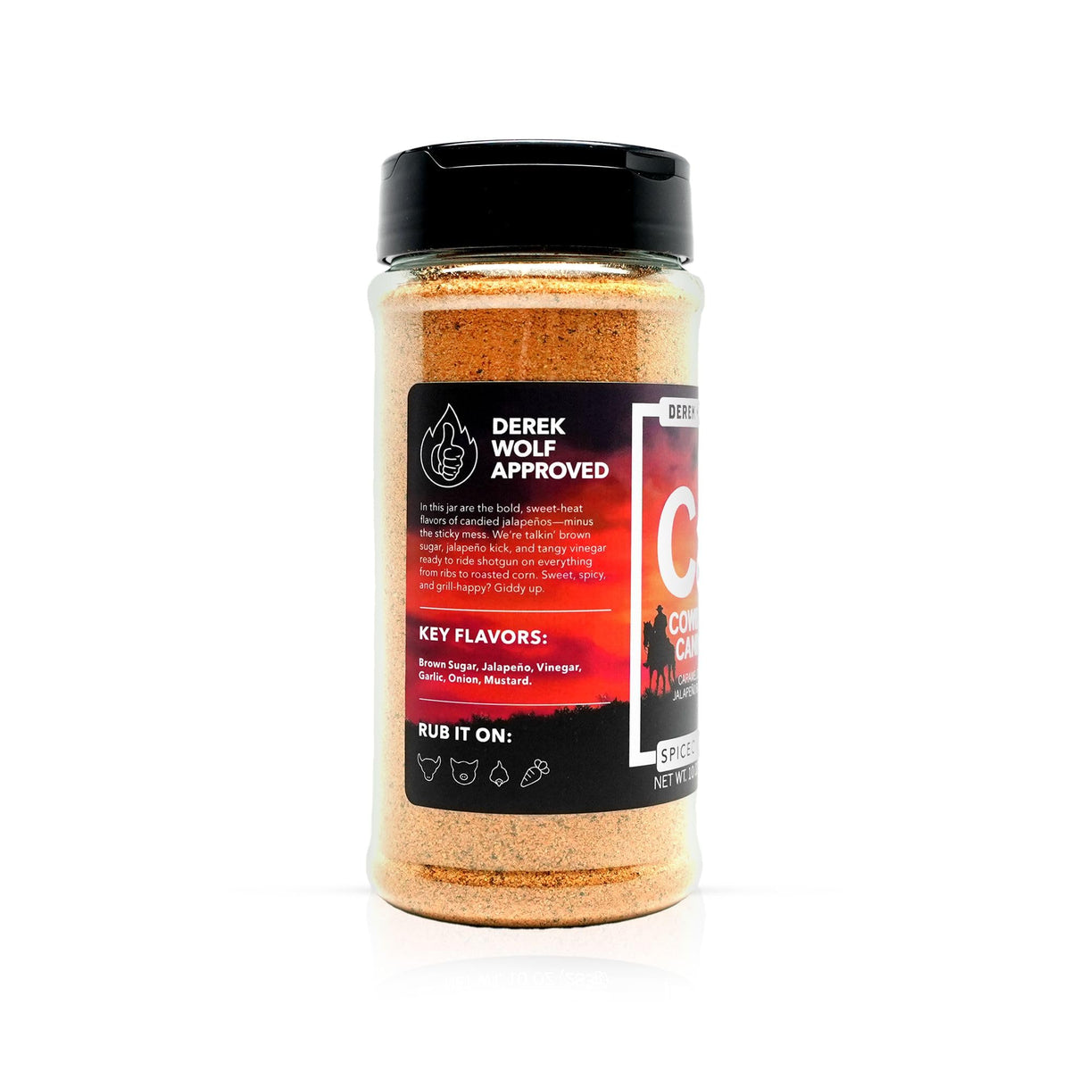 Spiceology Cowboy Candy dry rub container shows versatile seasoning for barbecue