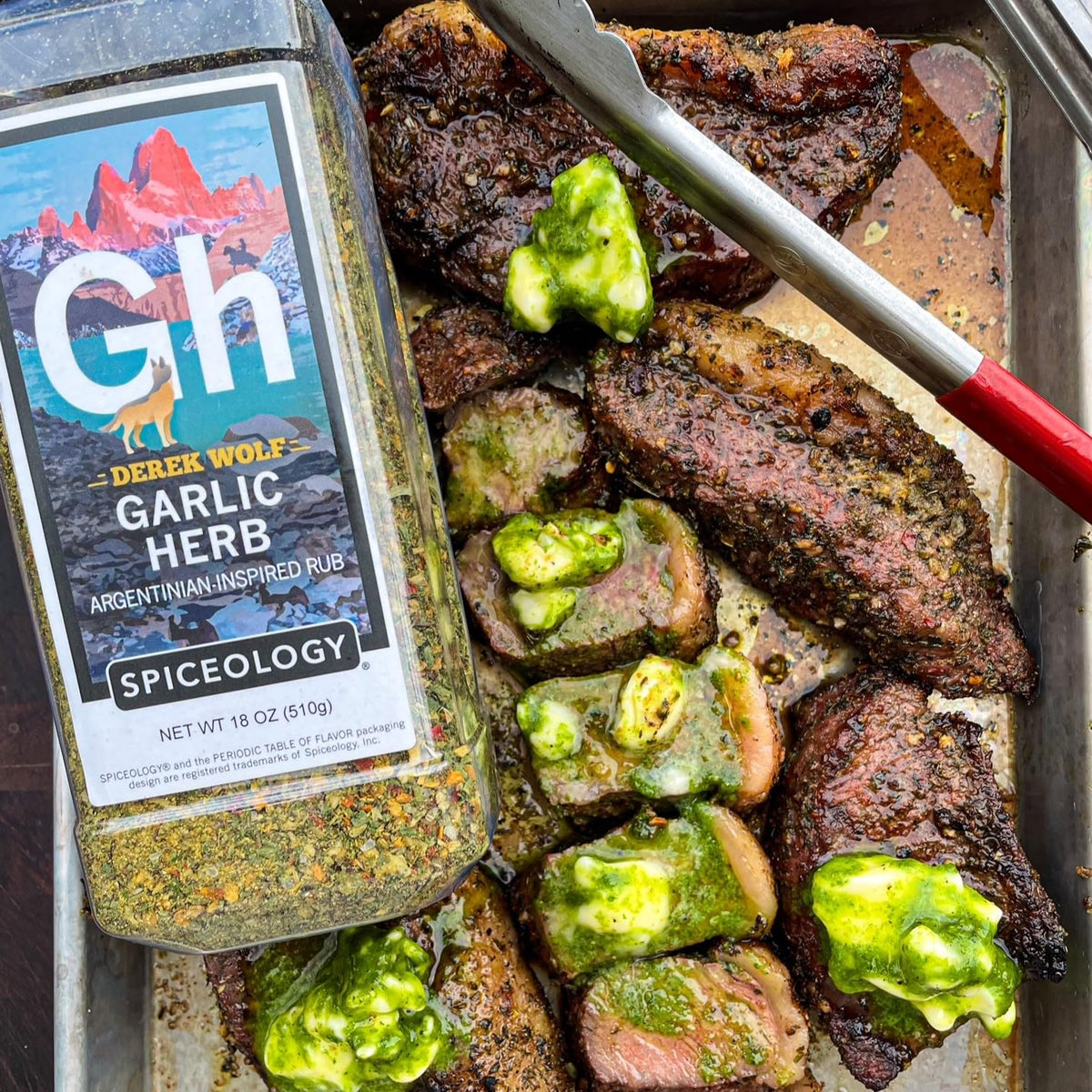 Garlic Herb rub alongside chimichurri, ideal pairing for seafood and vegetables