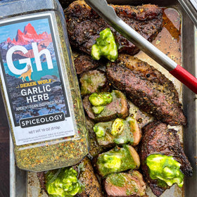 Garlic Herb rub alongside chimichurri, ideal pairing for seafood and vegetables