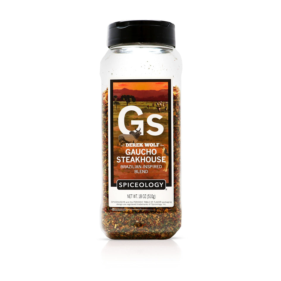 Spiceology Derek Wolf Gaucho Steakhouse Rub bottle showcases bold South American flavor for grills