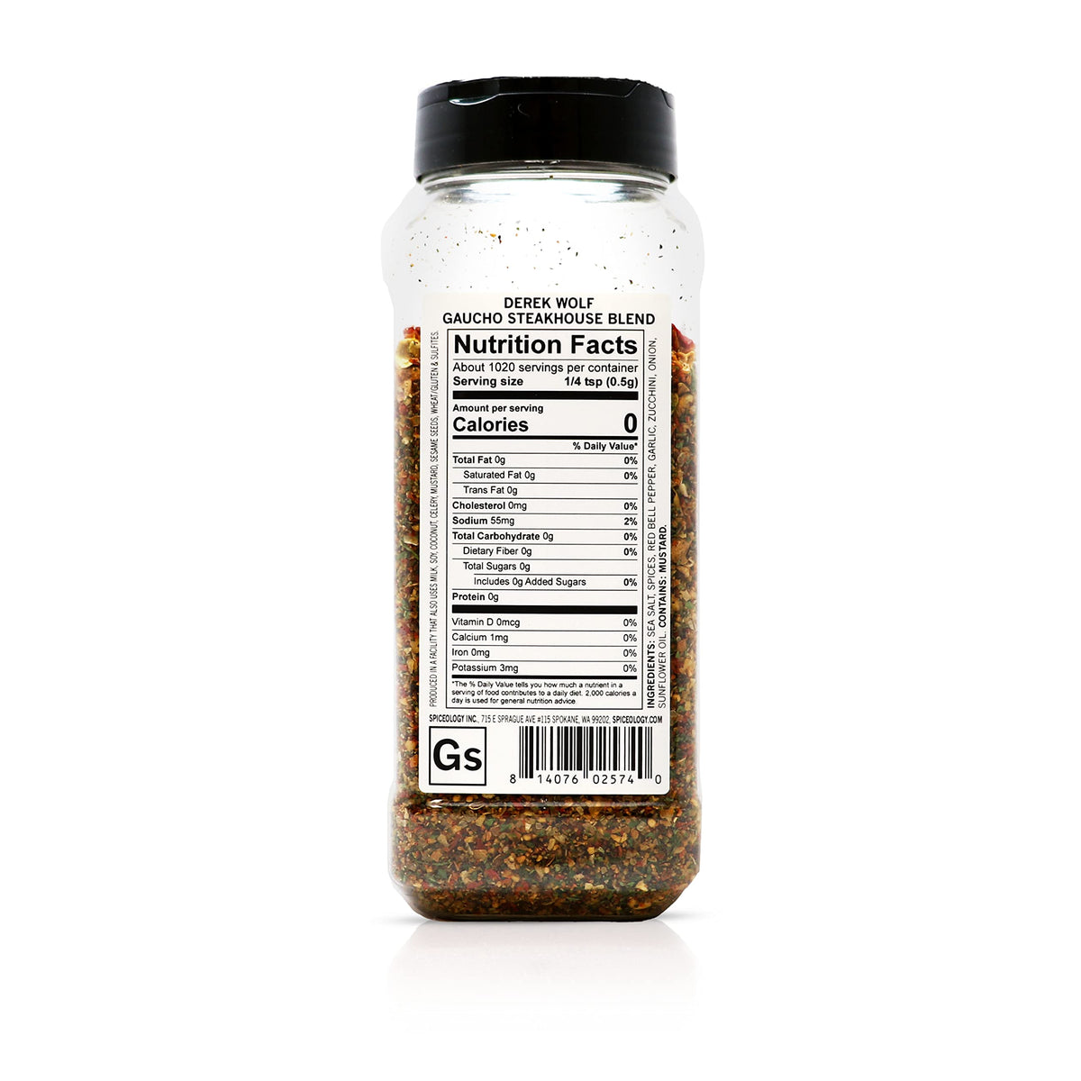 Spiceology Derek Wolf Gaucho Steakhouse Rub label closeup highlights garlic, peppercorn, and salt blend