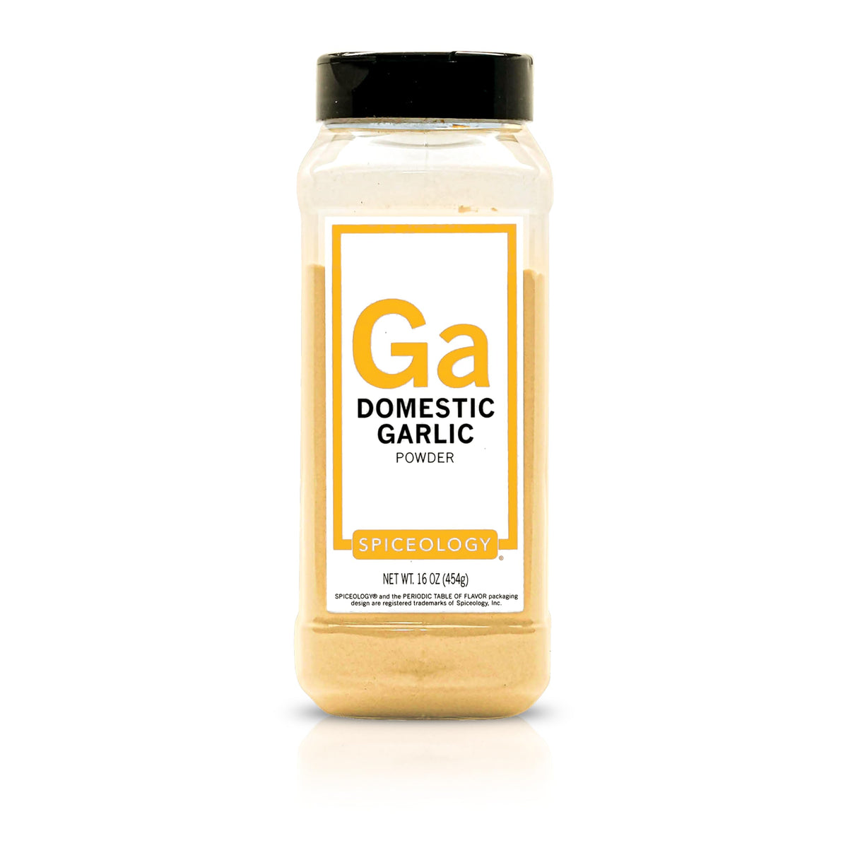 Spiceology Domestic Garlic Powder bottle close-up, ultra-fine grind for smooth seasoning.
