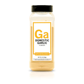 Spiceology Domestic Garlic Powder bottle close-up, ultra-fine grind for smooth seasoning.