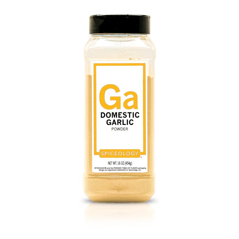 Spiceology Domestic Garlic Powder bottle close-up, ultra-fine grind for smooth seasoning.