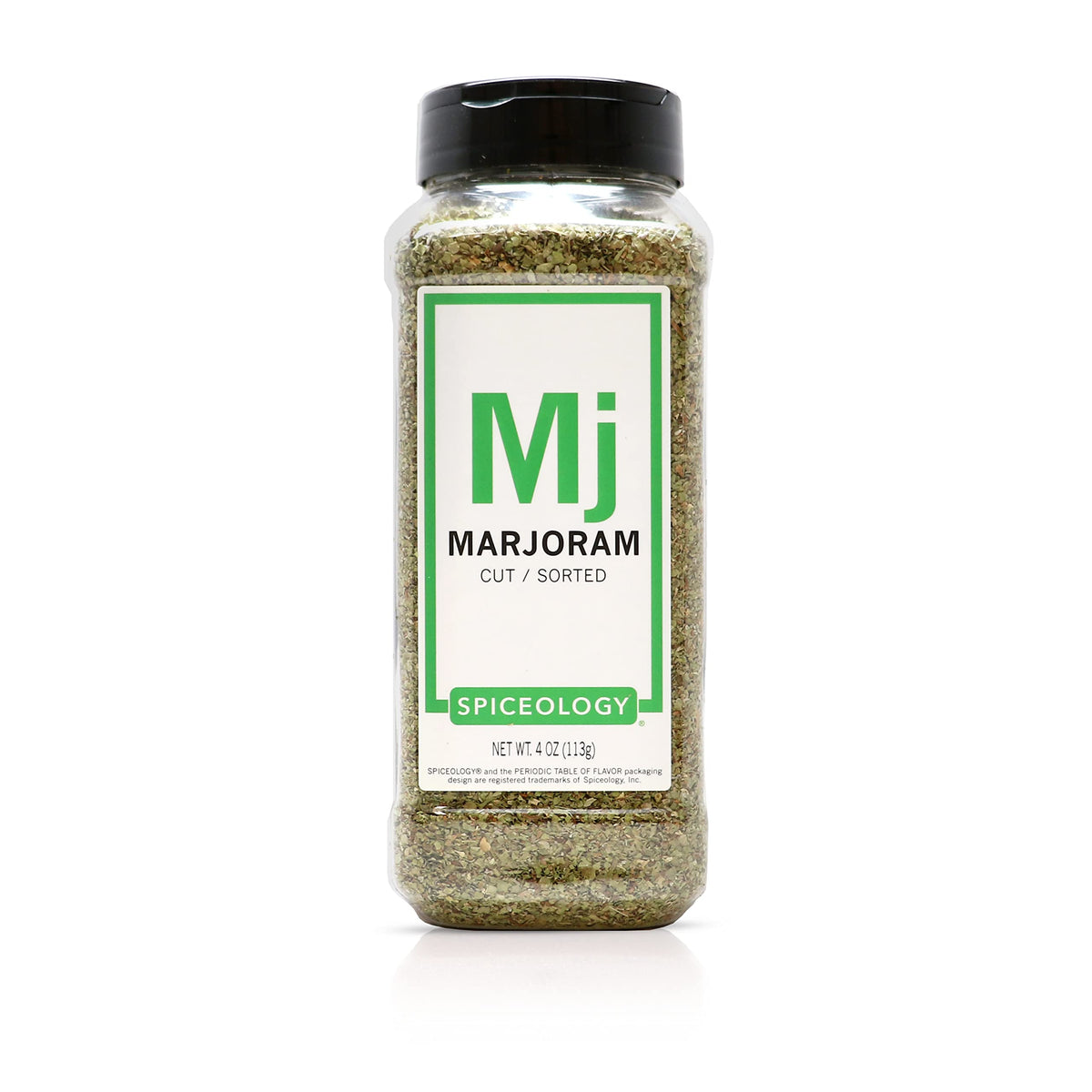 Spiceology dried marjoram leaves in a jar add fresh, all-natural flavor to meats and soups.