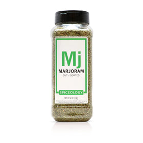 Spiceology dried marjoram leaves in a jar add fresh, all-natural flavor to meats and soups.