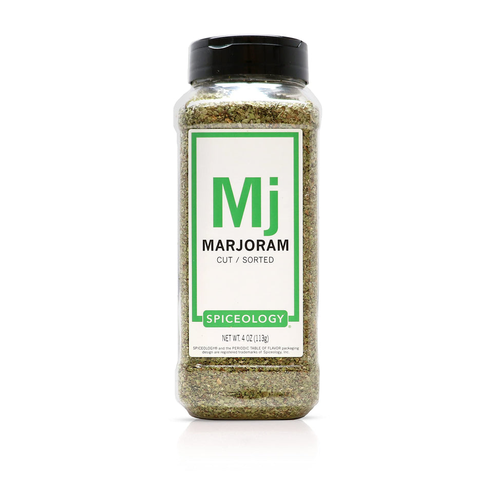Spiceology dried marjoram leaves in a jar add fresh, all-natural flavor to meats and soups.