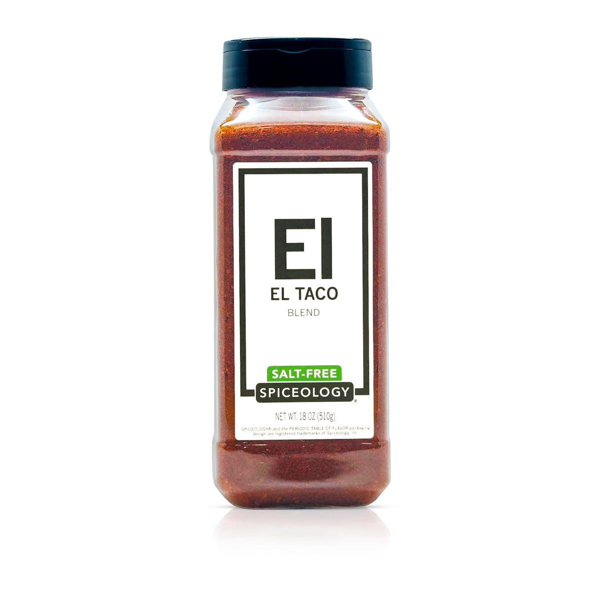 Spiceology El Taco salt-free seasoning bottle with vibrant spice blend for tacos.