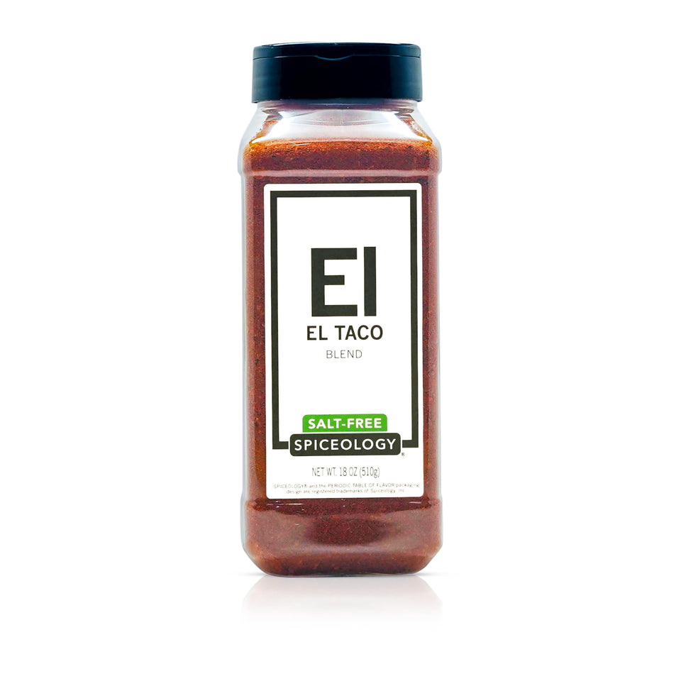 Spiceology El Taco salt-free seasoning bottle with vibrant spice blend for tacos.