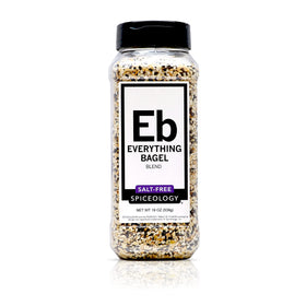 Spiceology Everything Bagel Seasoning jar highlights garlic, onion, sesame for versatile flavor