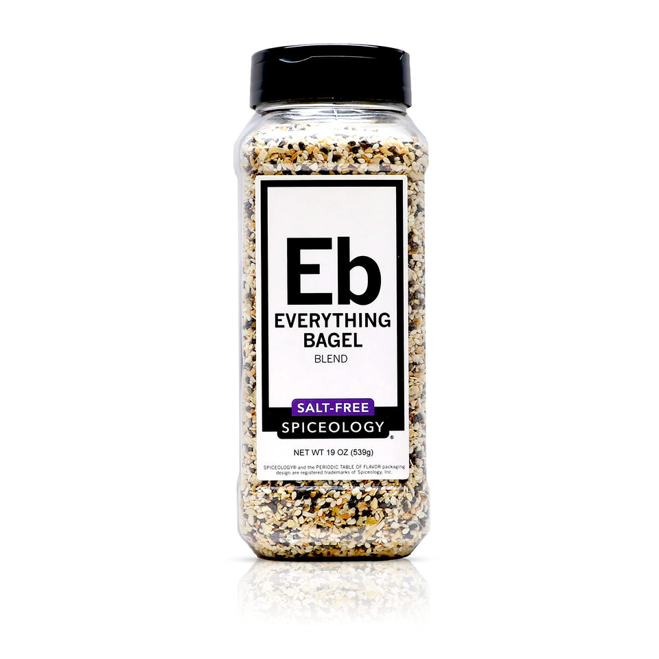 Spiceology Everything Bagel Seasoning jar highlights garlic, onion, sesame for versatile flavor