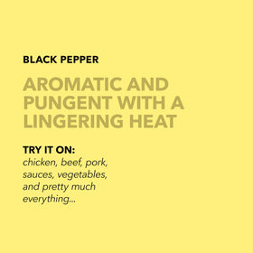Whole peppercorns in Spiceology image suggest fresh grinding at table