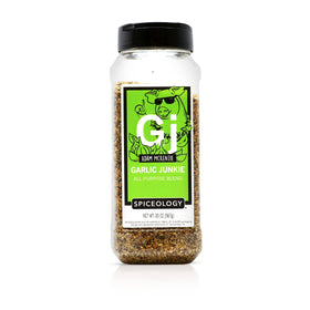 Spiceology Garlic Junkie bottle close-up showing bold garlic flavor for versatile seasoning