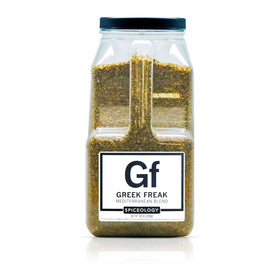 Spiceology Greek Freak bottle closeup highlighting fresh Mediterranean flavor for seasoning
