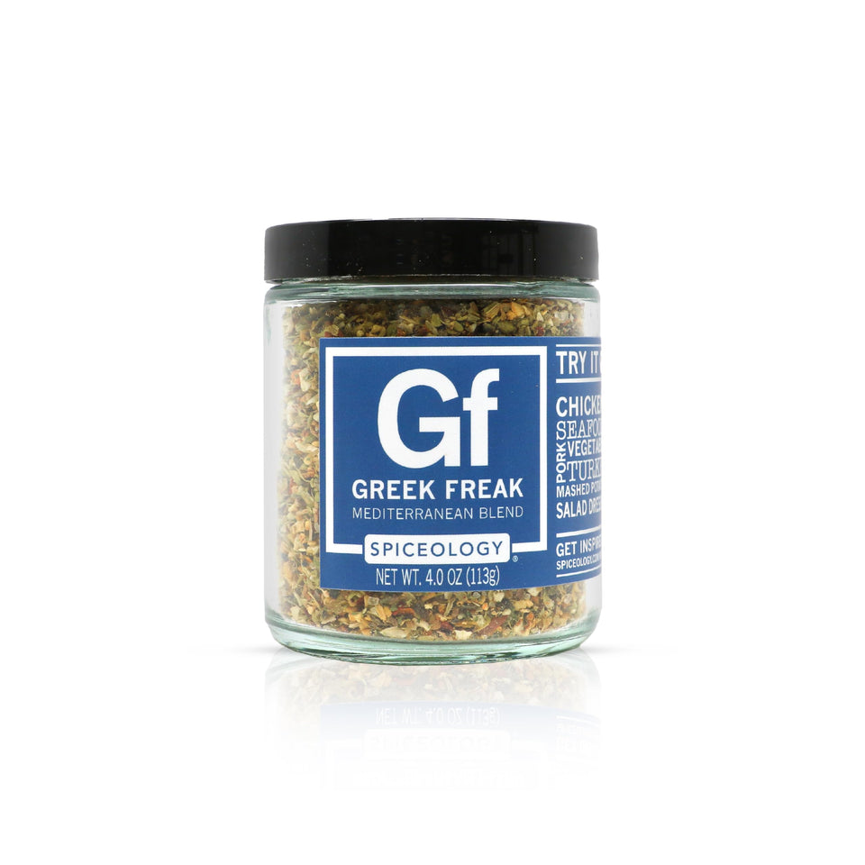 Spiceology Greek Freak bottle front with Mediterranean seasoning for chicken and potatoes.