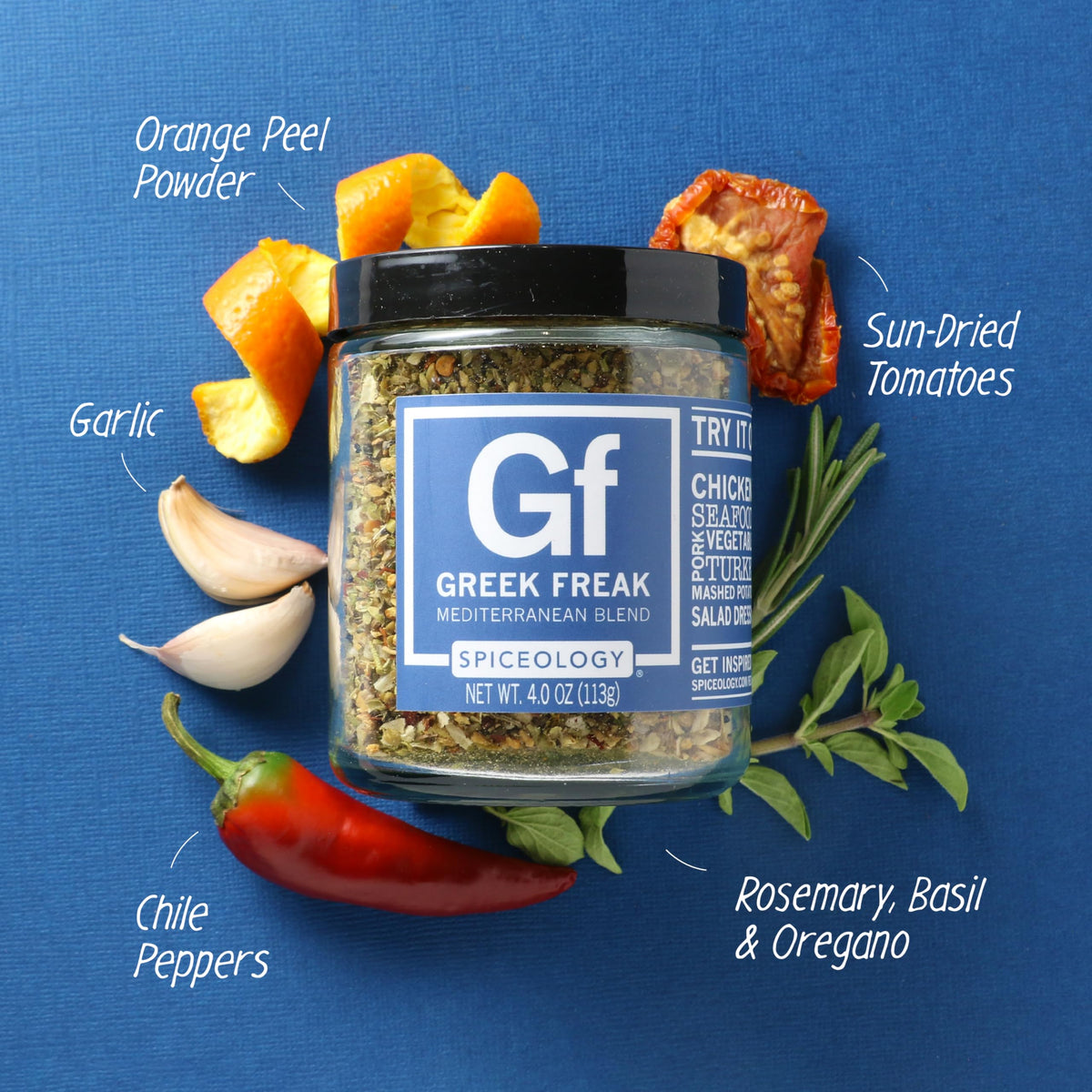 Spiceology Greek Freak dry rub being sprinkled for a quick flavor boost on meats.