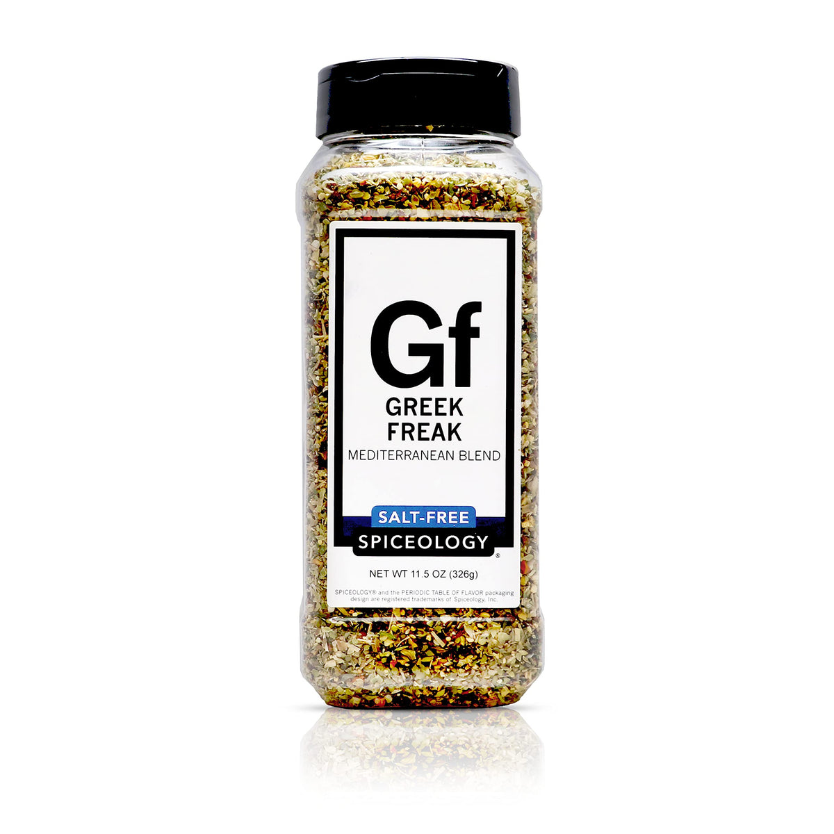 Spiceology Greek Freak jar front with salt-free Mediterranean flavor for everyday meals.