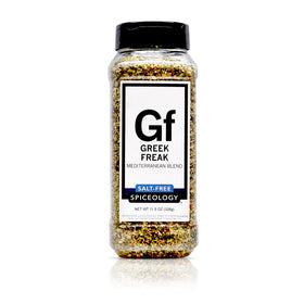Spiceology Greek Freak jar front with salt-free Mediterranean flavor for everyday meals.