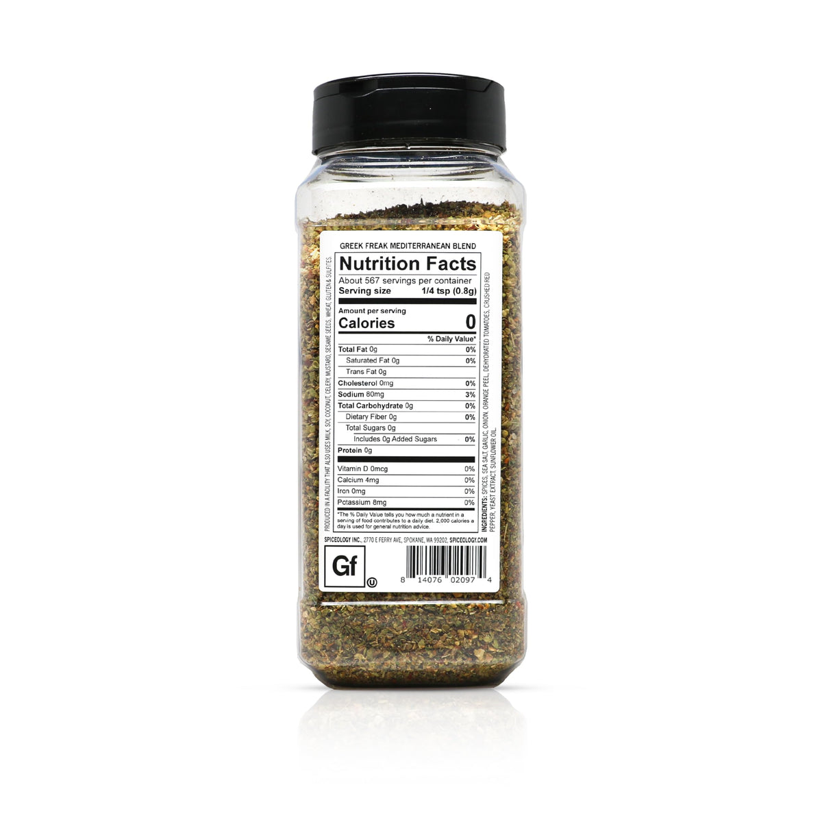 Greek Freak label closeup showcasing fresh herbs for restaurant-style taste.