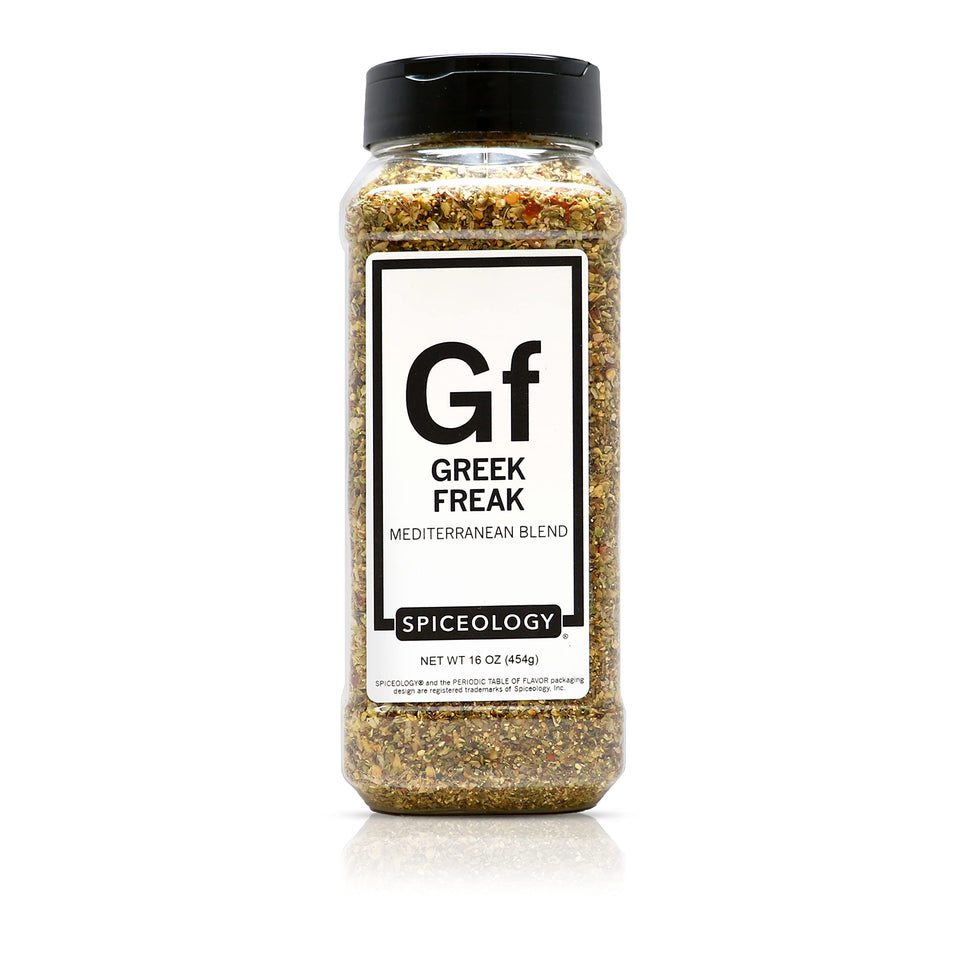Spiceology Greek Freak Mediterranean seasoning bottle for bold Greek flavor.