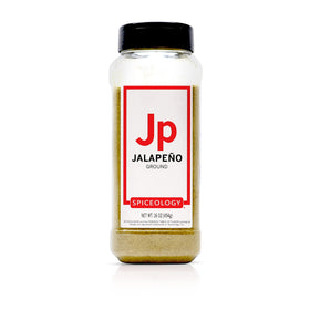 Spiceology Jalapeno Powder jar shows mid-heat flavor for meats and veggies.