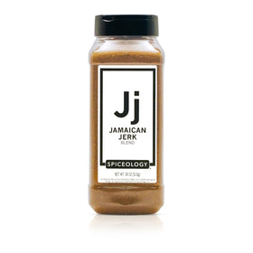 Spiceology Jamaican Jerk Rub bottle shows bold Caribbean flavor for grilling.