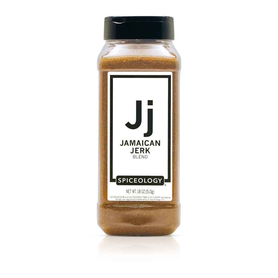 Spiceology Jamaican Jerk Rub bottle shows bold Caribbean flavor for grilling.