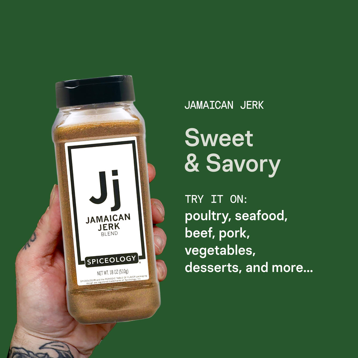 Spiceology Jamaican Jerk Rub jar sits on a pantry shelf.
