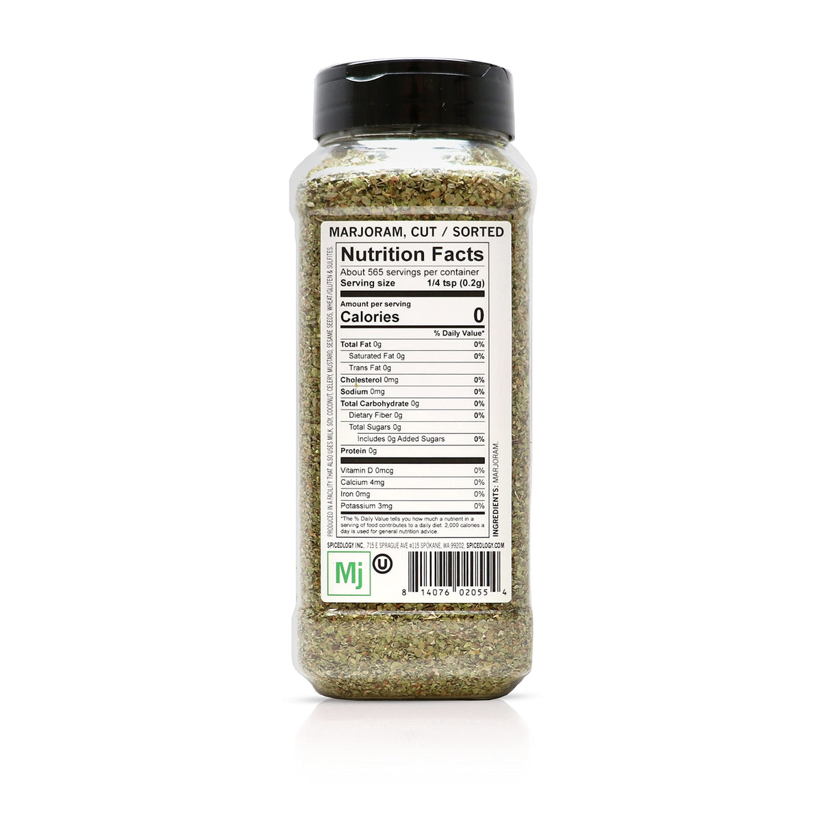 Spiceology marjoram spice label close-up highlighting all-natural ingredients with no MSG.
