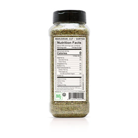 Spiceology marjoram spice label close-up highlighting all-natural ingredients with no MSG.