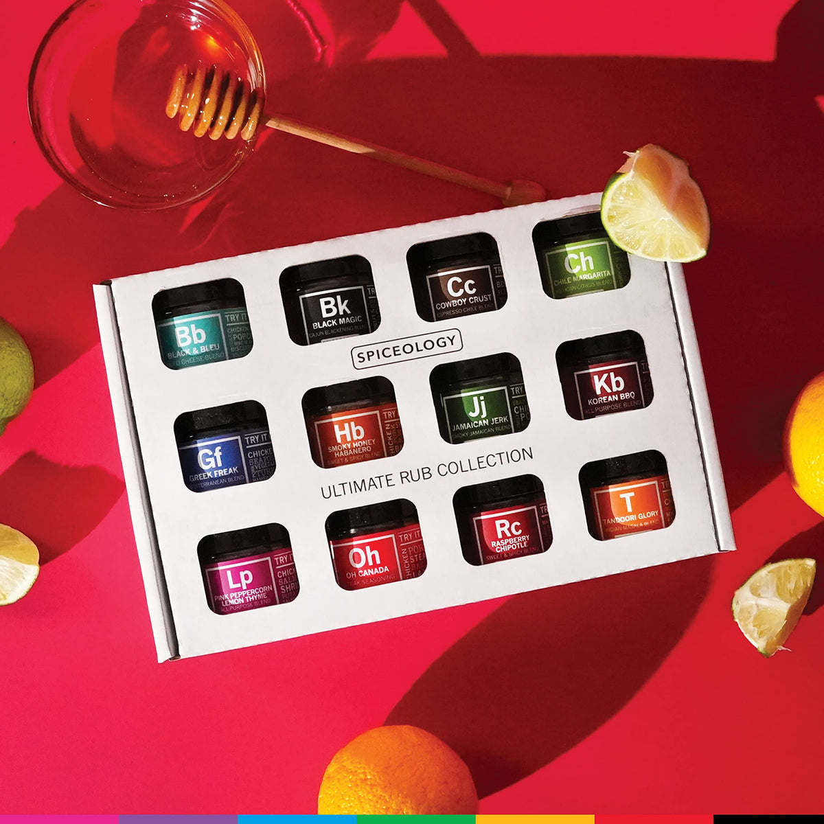 Spiceology mini jar lineup highlighting chef-approved freshness for quick seasoning.