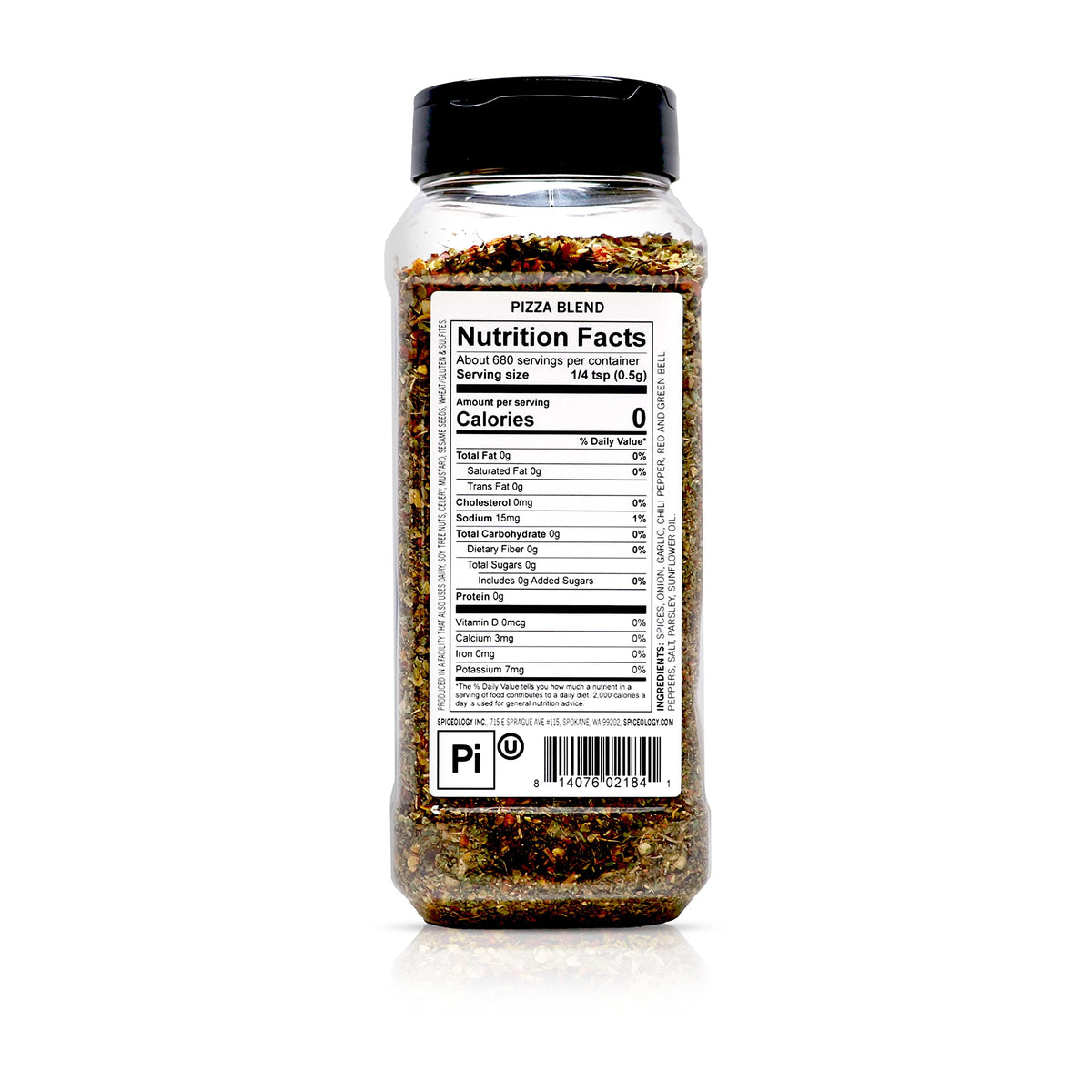 Spiceology Pizza Seasoning jar back reveals label and fresh packaging for pros.