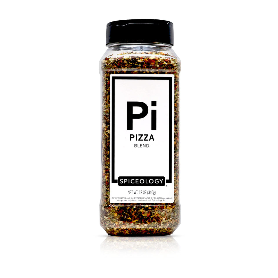 Spiceology Pizza Seasoning jar front shows Italian herb blend for pizzas and meals.