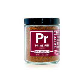 Spiceology Prime Rib Rub bottle showcases bold garlic and paprika aroma for grilling.