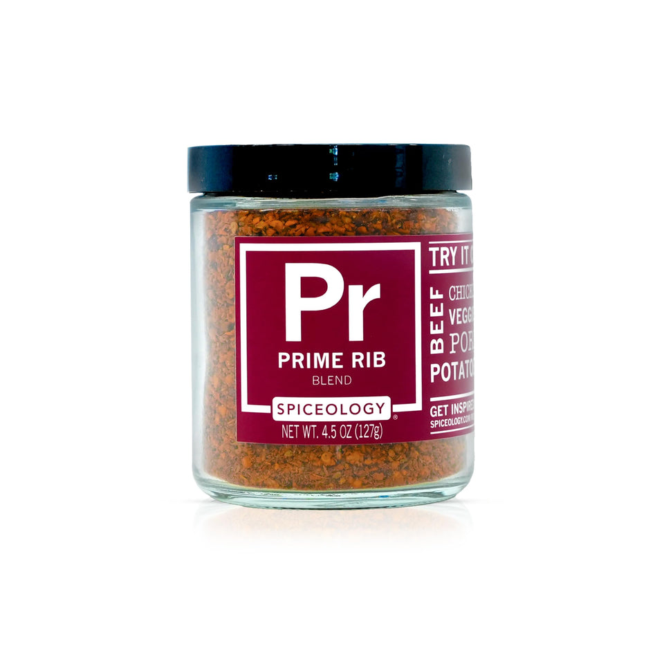 Spiceology Prime Rib Rub bottle showcases bold garlic and paprika aroma for grilling.