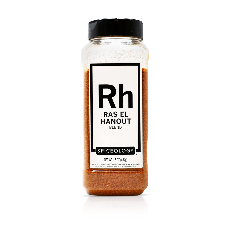 Spiceology Ras el Hanout jar front; versatile seasoning for poultry and vegetables.