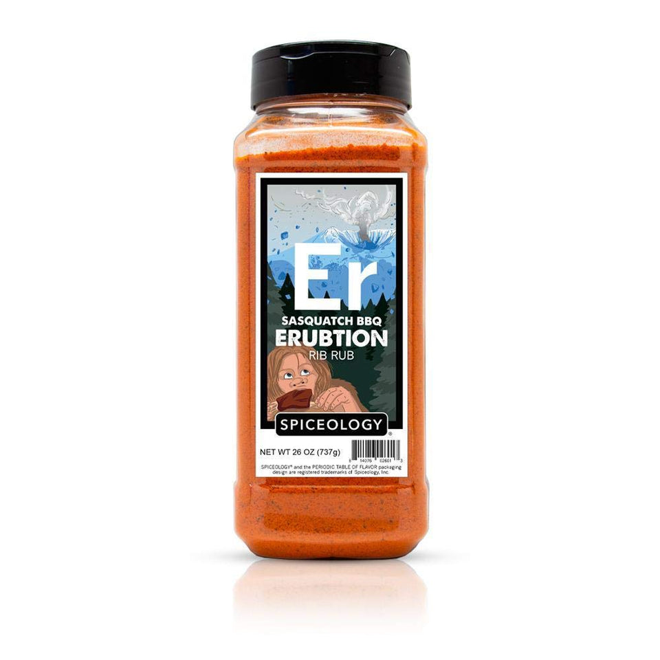 Spiceology Sasquatch Erubtion bottle pour for easy, precise seasoning on ribs and wings.