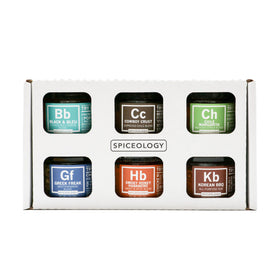 Spiceology Signature Series gift set box with six gourmet blends for gifting and home cooking.
