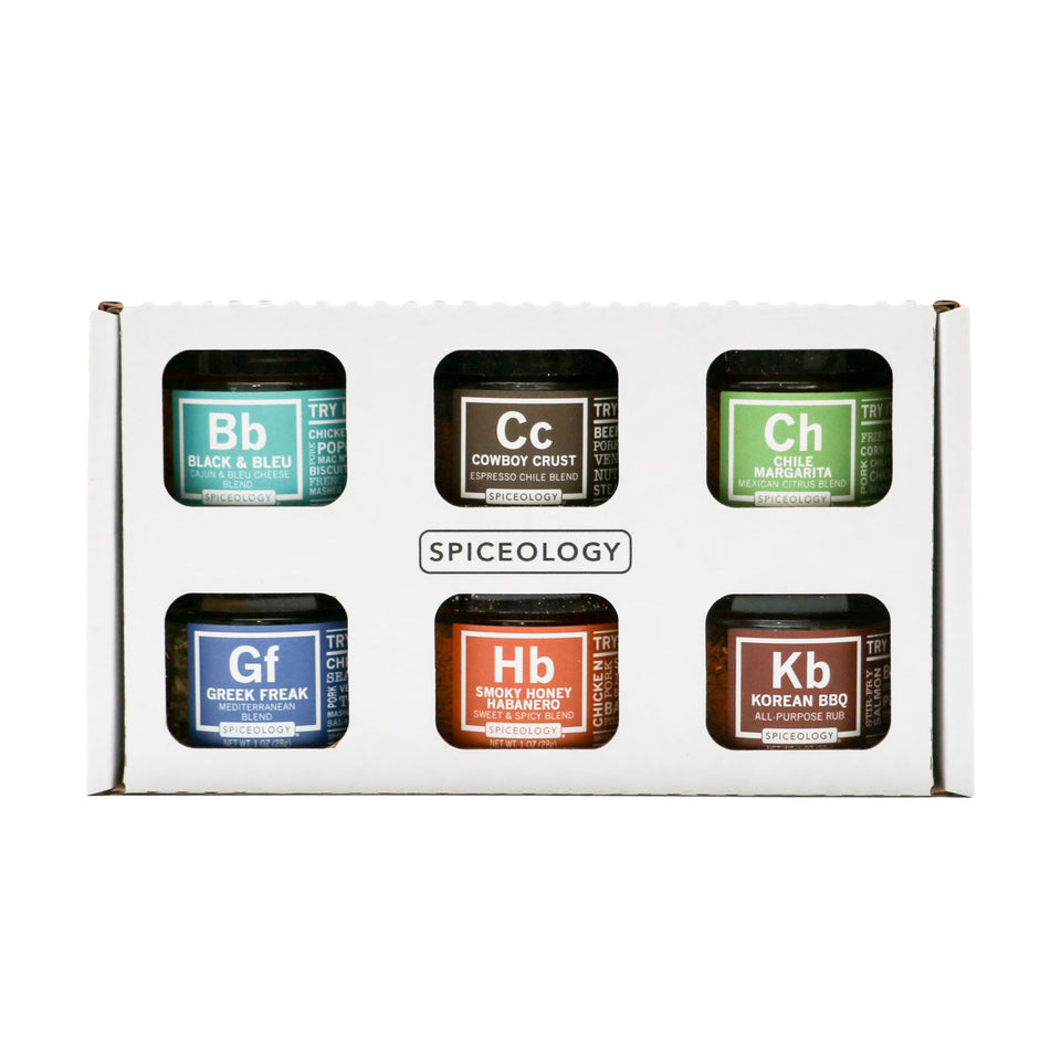 Spiceology Signature Series gift set box with six gourmet blends for gifting and home cooking.
