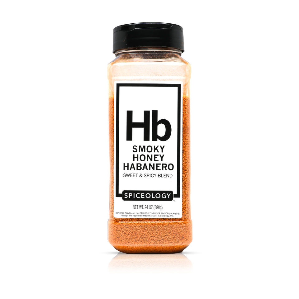 Spiceology Smoky Honey Habanero rub packaging highlights gluten-free, chef-made flavor.