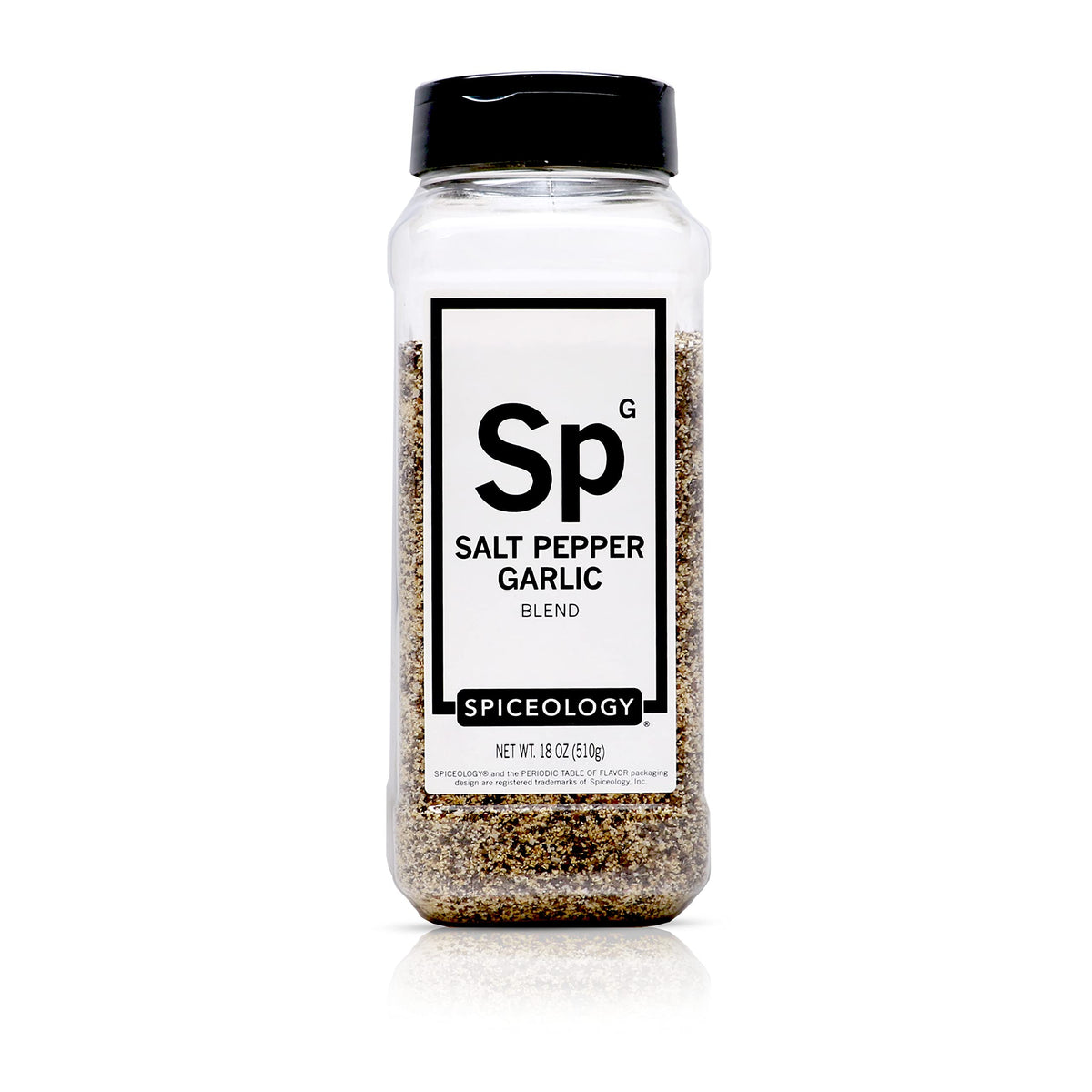 Spiceology SPG seasoning bottle front shows bold salt-pepper-garlic blend for versatile meat flavor.