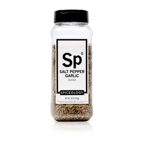 Spiceology SPG seasoning bottle front shows bold salt-pepper-garlic blend for versatile meat flavor.