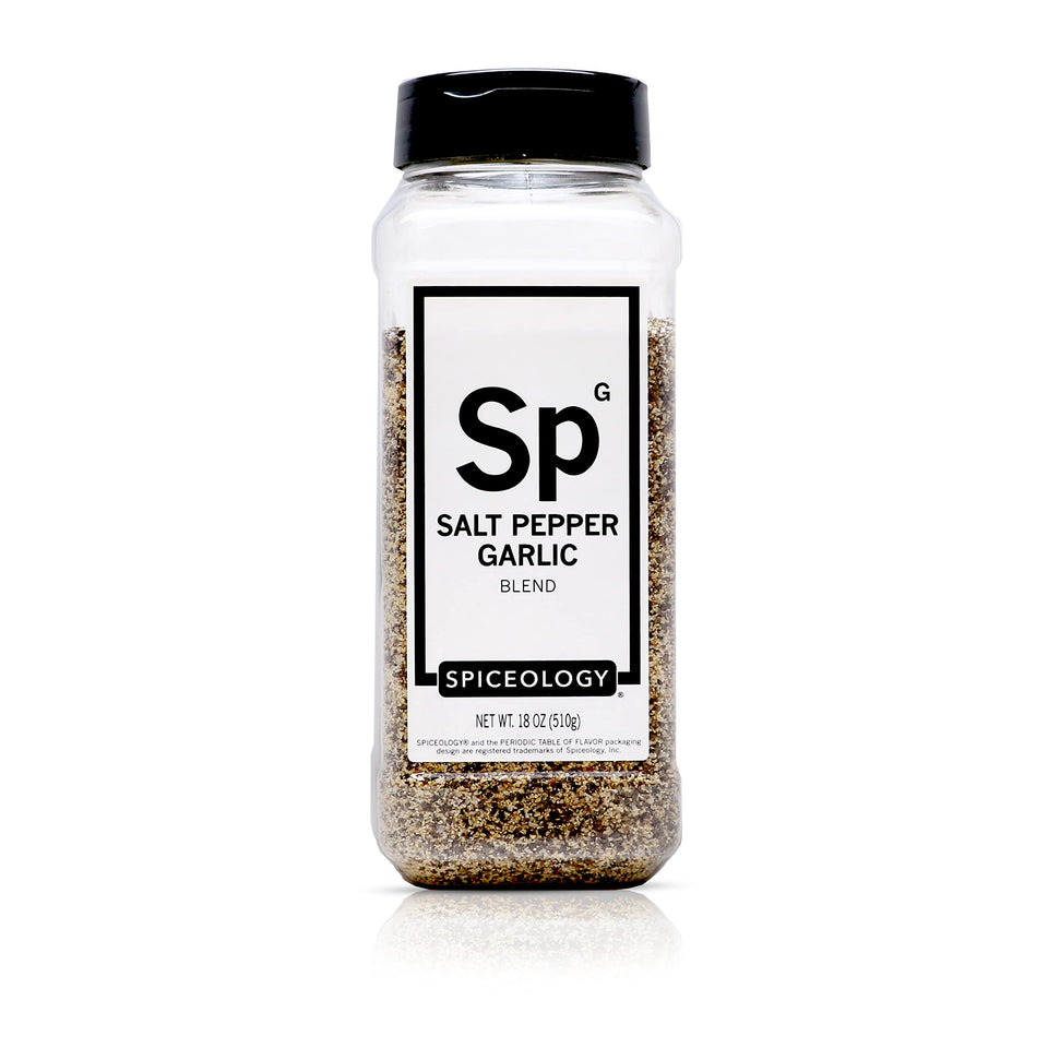 Spiceology SPG seasoning bottle front shows bold salt-pepper-garlic blend for versatile meat flavor.