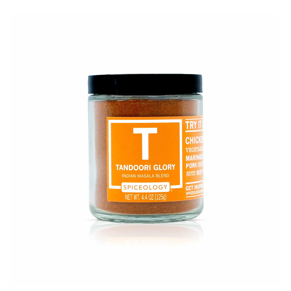 Spiceology Tandoori Glory jar ready to season chicken for smoky flavor