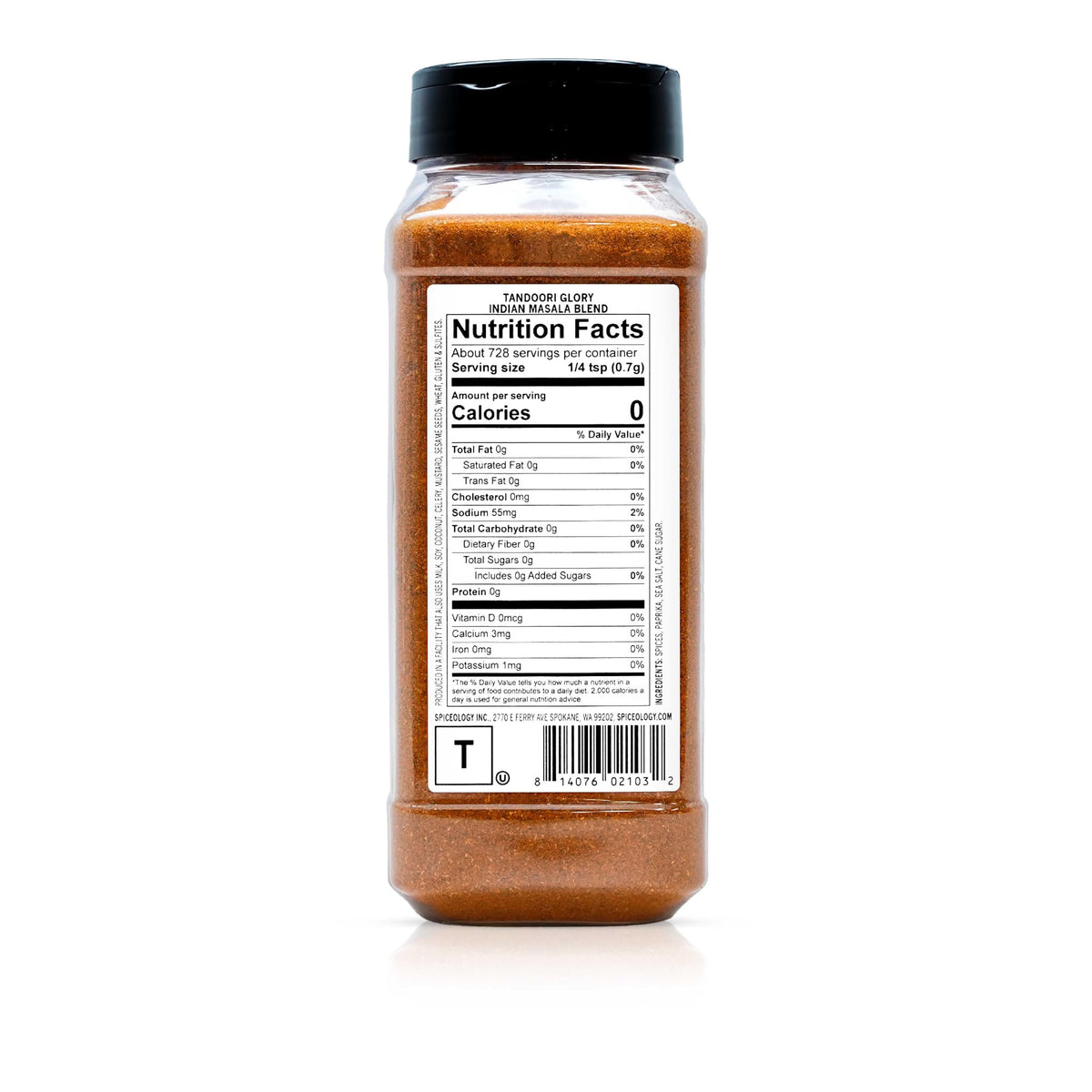 Spiceology Tandoori Glory jar back panel with usage notes for grilling and cuisine