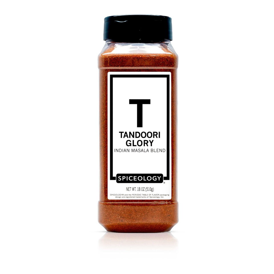 Spiceology Tandoori Glory jar front label highlighting vibrant spices for marinating chicken and vegetables