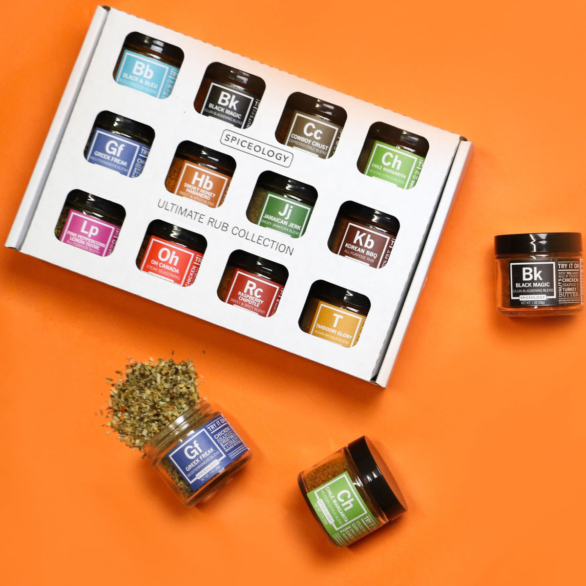 Spiceology 12-blend lineup arranged for BBQ and cooking flavor profiles.